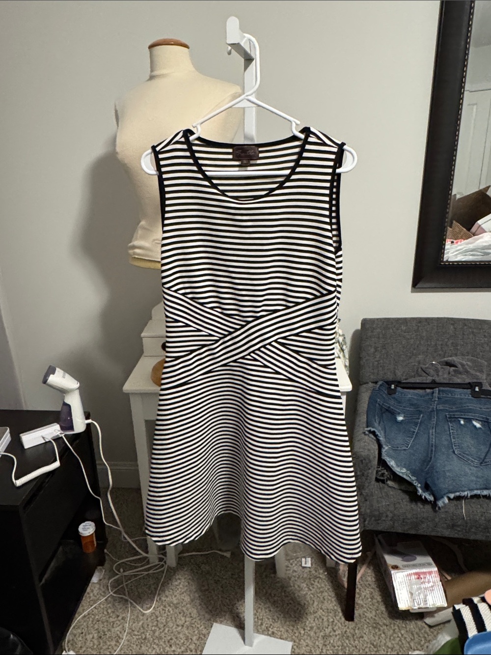 Sleeveless Black and White Striped Midi Dress with Waist Detail